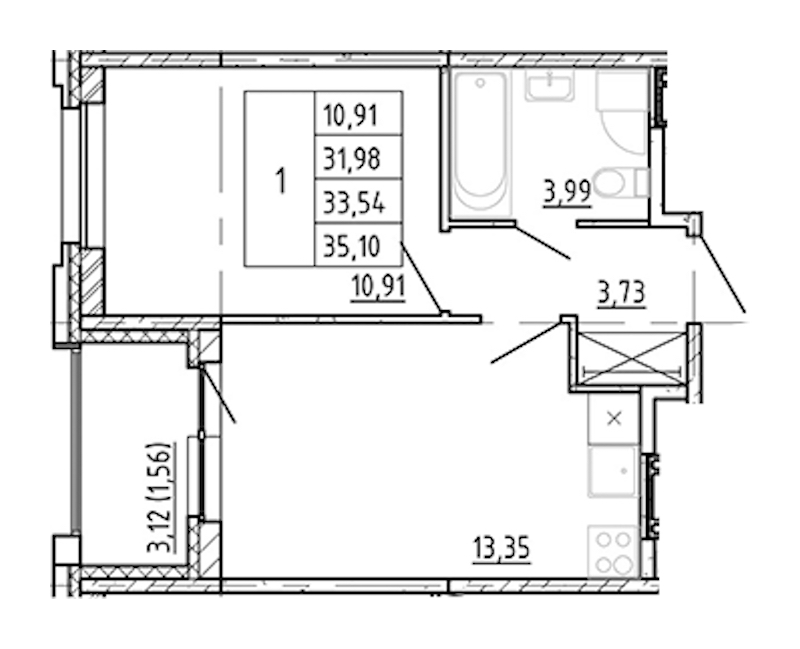 1-комнатная квартира 31.98 м², 6/12 эт., ЖК «Полис Новоселье»